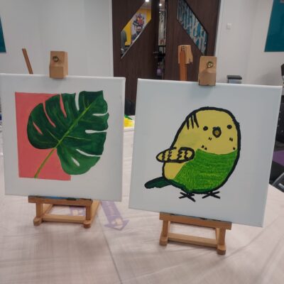Cute drawings of a leaf (left) and a bird (right).